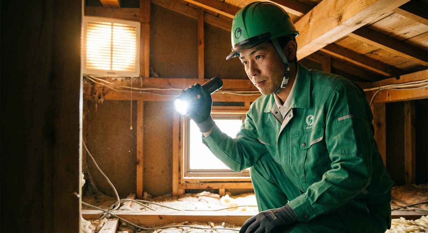 屋根裏を点検する害獣駆除技術者