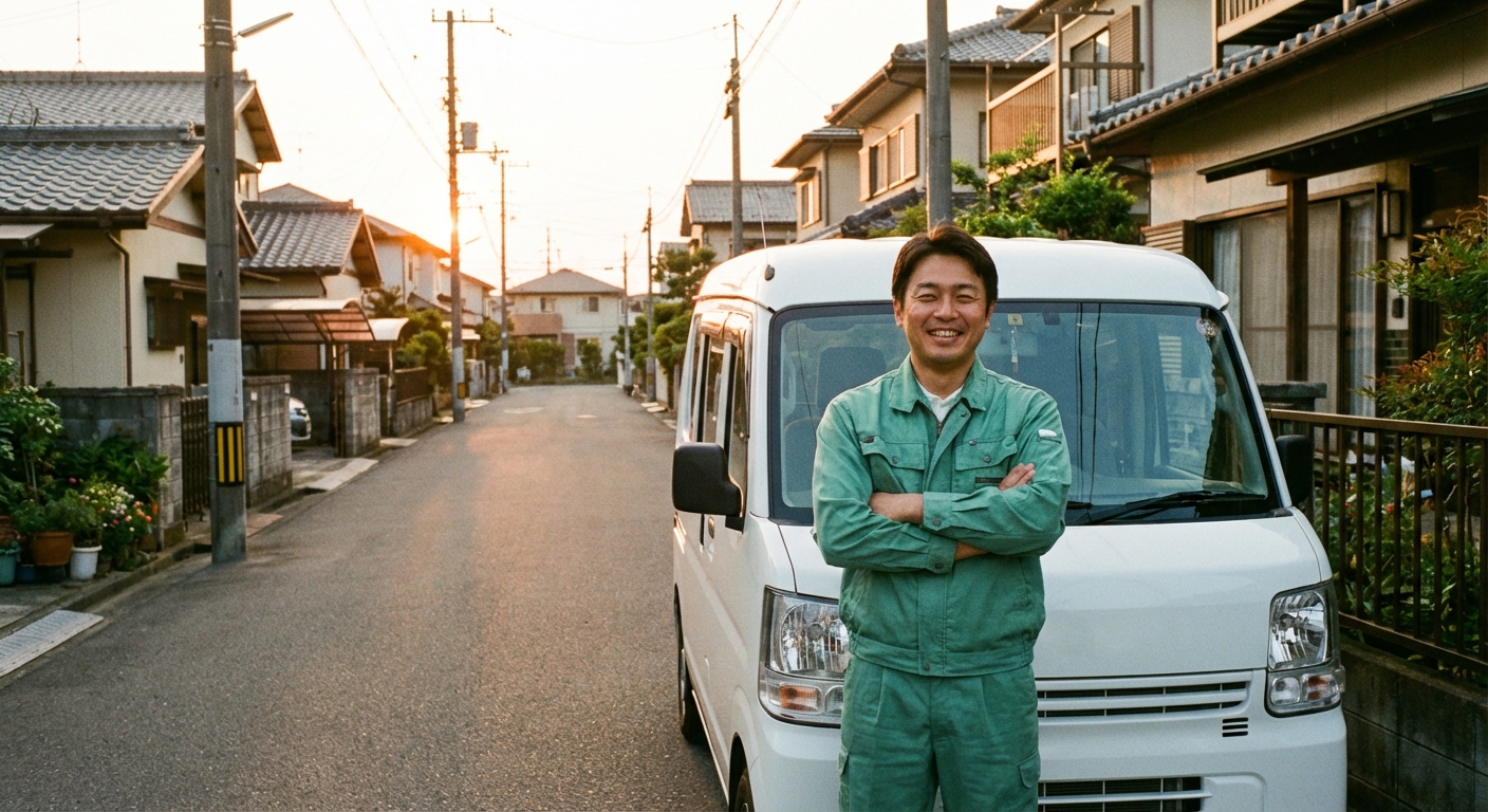 作業車の前に立つ害獣駆除技術者