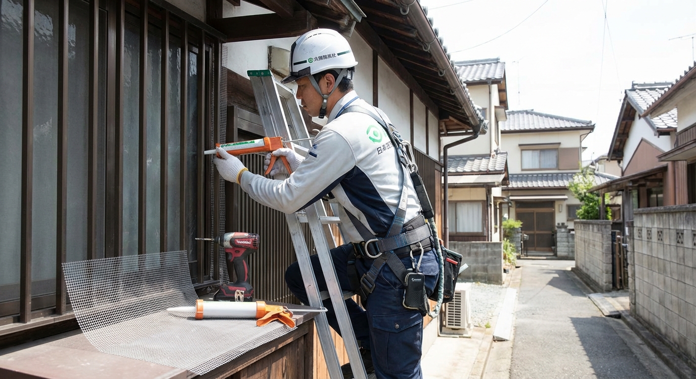 侵入口を封鎖する害獣駆除技術者